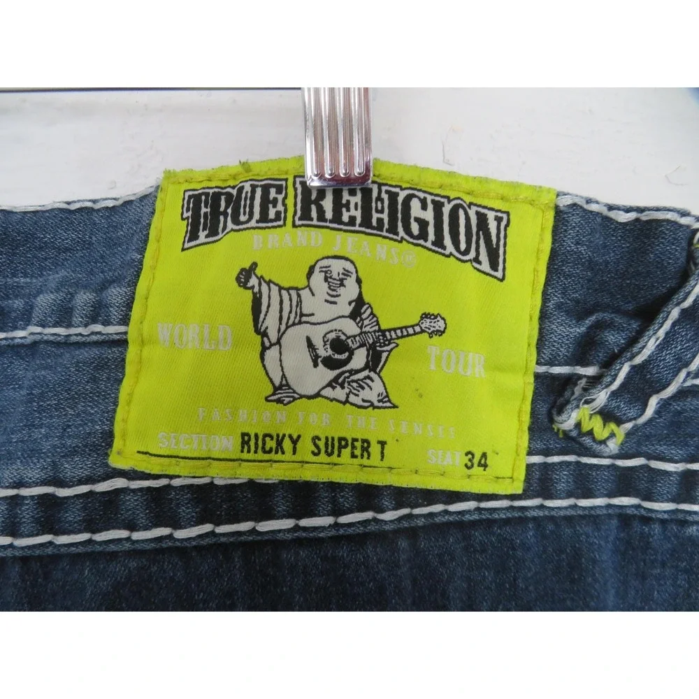 Vtg True Religion Ricky Super T JeansMen 42x34 Blue Flap Pocket USA Thick Stitch